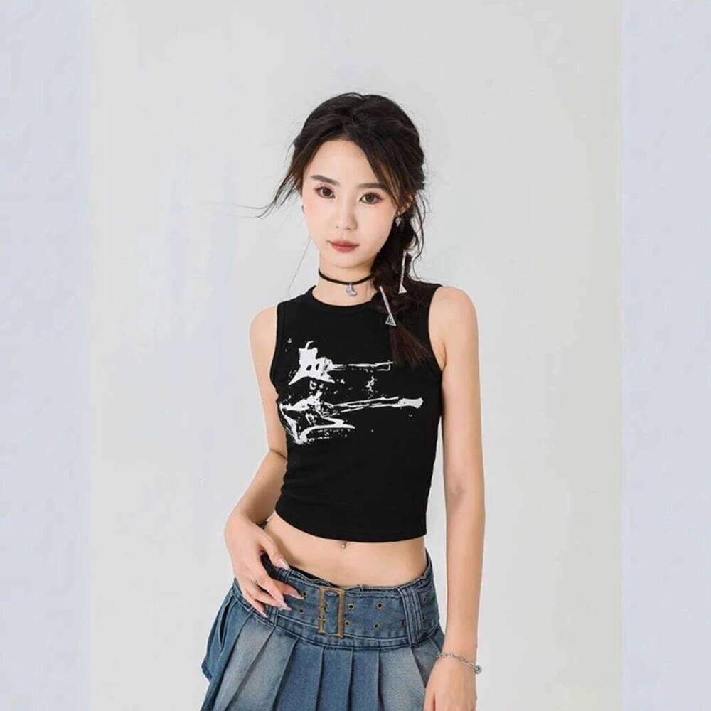 Guitar Print Sleeveless Tank Y2K Casual Ribbed Women Grunge Crop Top Harajuku Fashion Vest Tee 90s Street Outfits