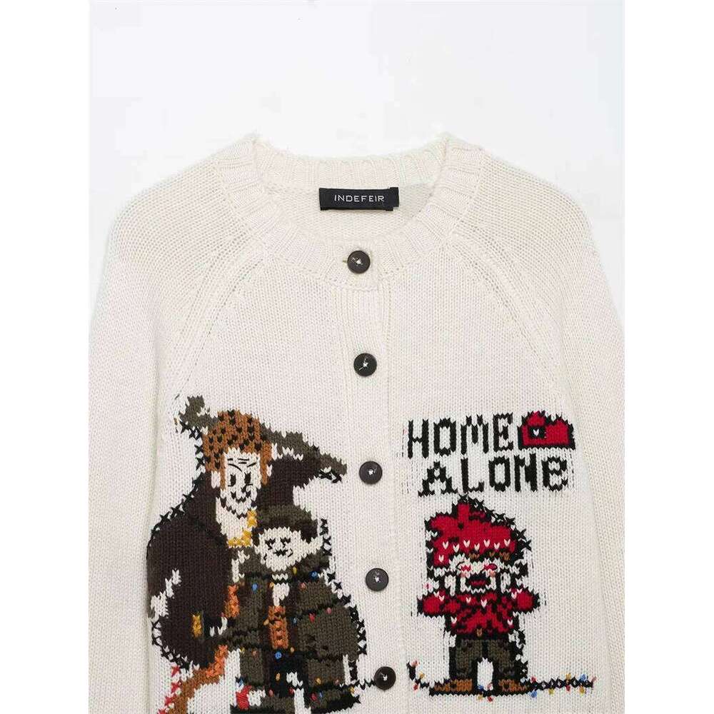 Women's Jacket Winter New White Long-Sleeve Home Alone Print Christmas Knit Cardigan Fashionable Style