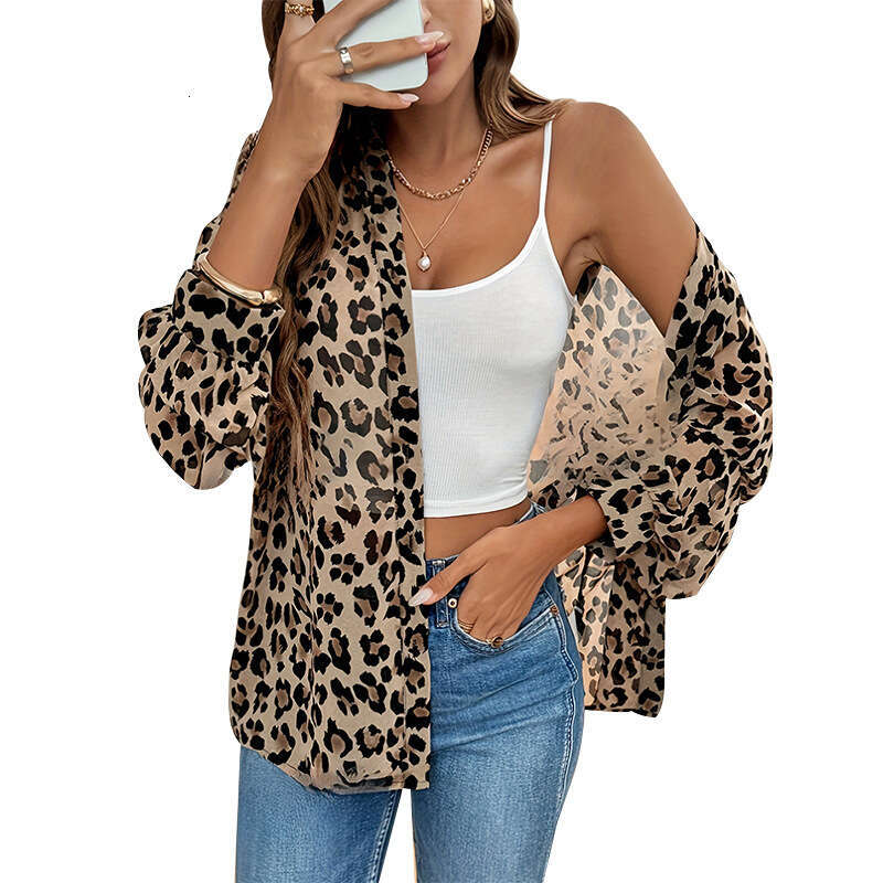 2026 European and American Cross-Border Women's New Elegant Leopard Print Long Sleeve Loose Shirt Top