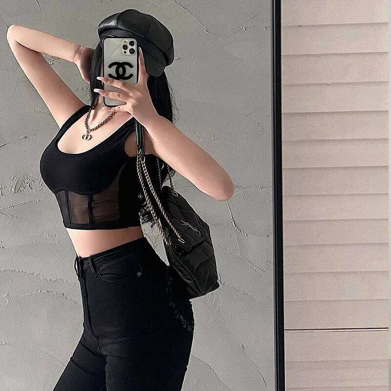 Women Corset Tank With Detail Mesh Panels Fitted Crop Top