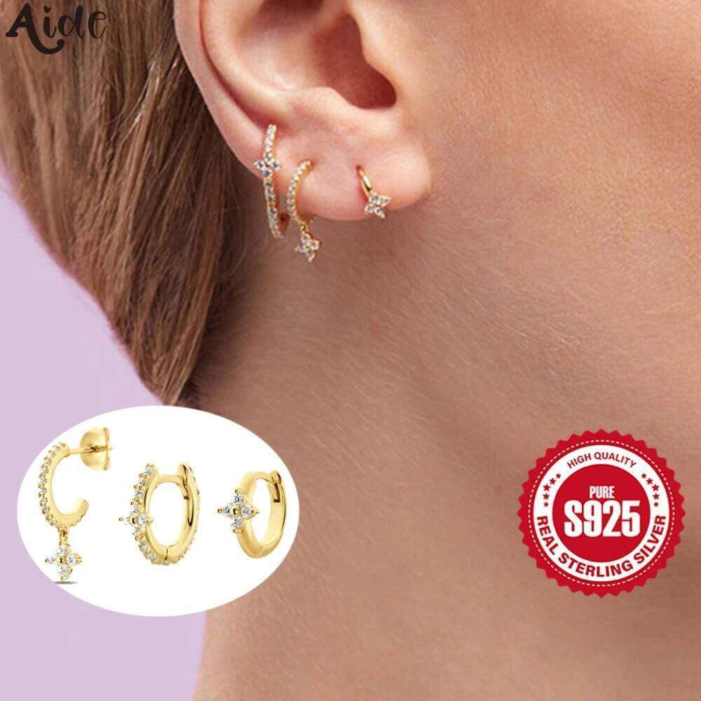 Aide 3PCS Shiny Clearly Zircon 925 Sterling Silver Set For Women 18K Gold Ins Minimalist Earring Fine Jewelry Pendientes