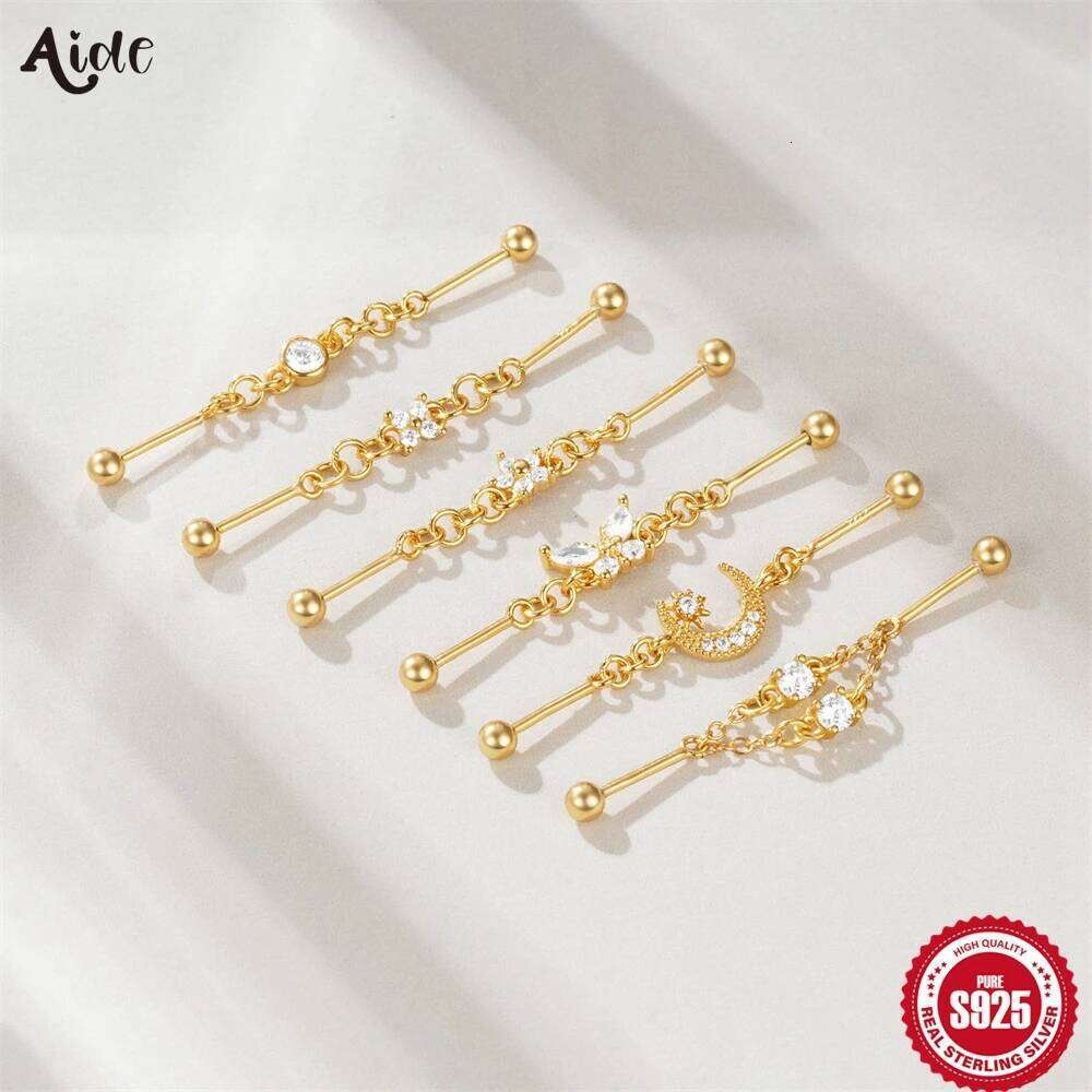 Aide 925 Sterling Silver Industrial Piercing Barbell Moon Butterfly Star Chain Earring Tragus Cartilage Exaggerated Punk Jewelry