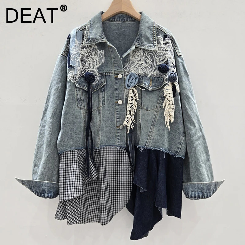 DEAT Autumn Niche Fashion Patchwork Womens Denim Jacket Loose Singlebreasted Contrast Color Coat Female11A05239 251231