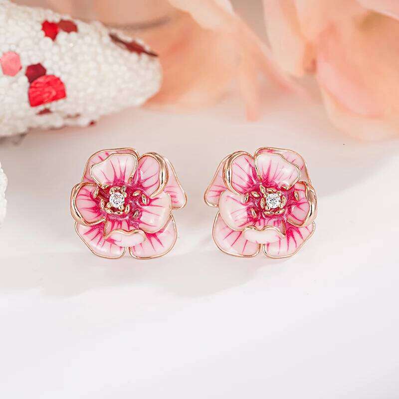 Huitan Sweet Pink Flower Stud for Women Handmade Enamel Rose Gold Color Aesthetic Female Ear Earrings Statement Jewelry