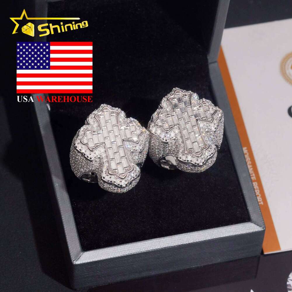 Hot Selling Men's USA Local Stock Shipping 925 Silver Baguette Moissanite Cross Ring GRA Certificated