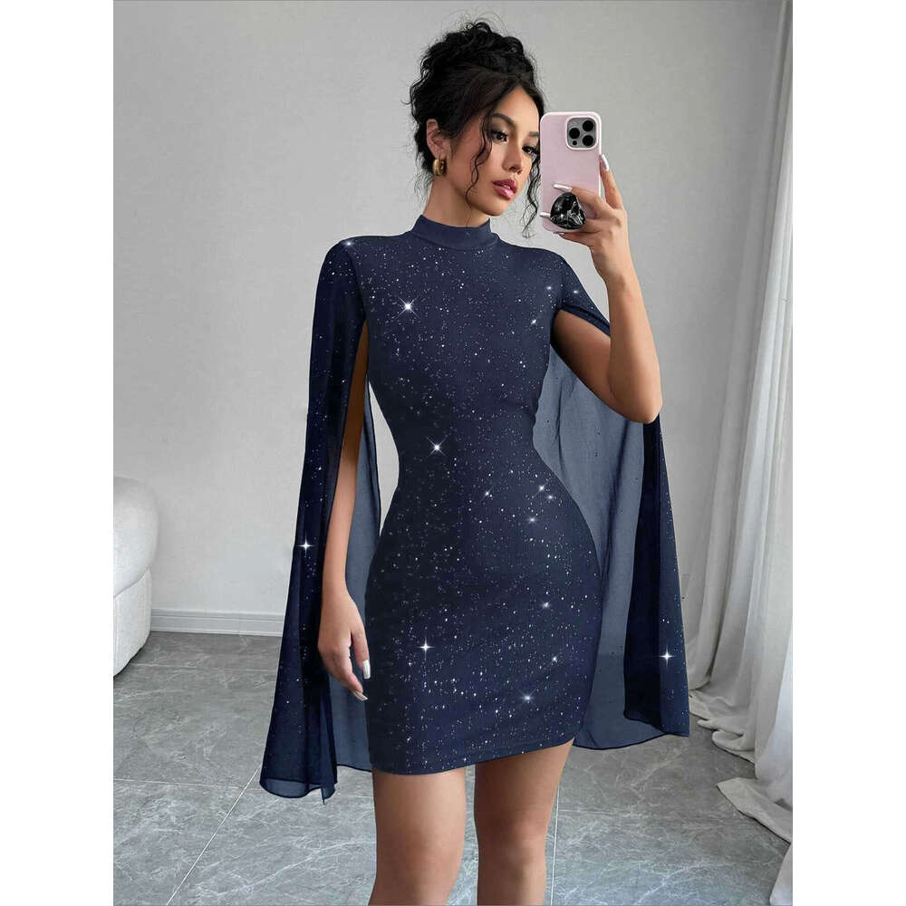 European and American Style Women's Shiny Printed High Neck Lantern Sleeve Tight Sexy Hot Girl Party Bodycon Dress