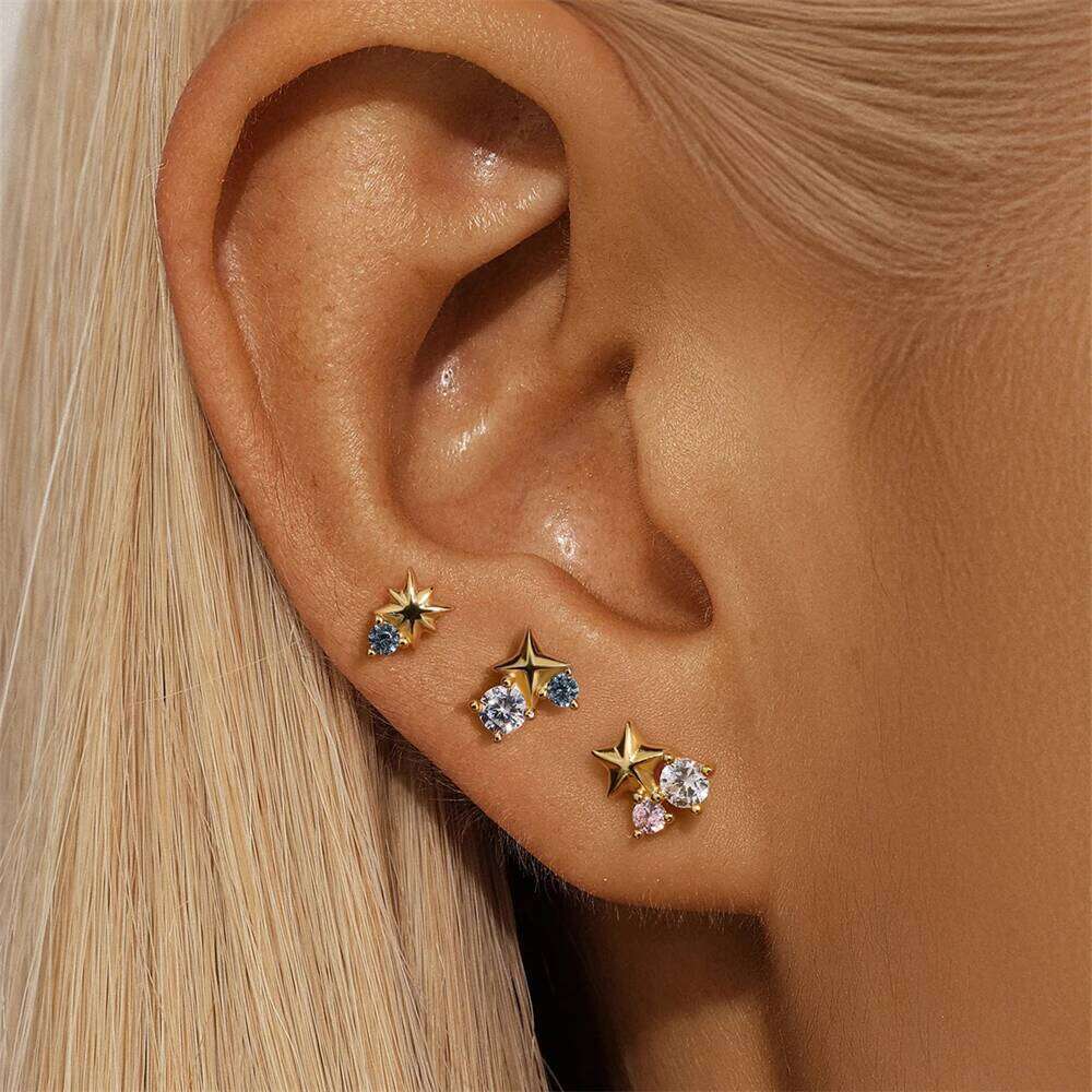 Aide 925 Sterling Silver Dainty Colors Zircon Stud Earrings for Women 3pieces Set Piercing Cartilage Ear Studs Fine Jewelry