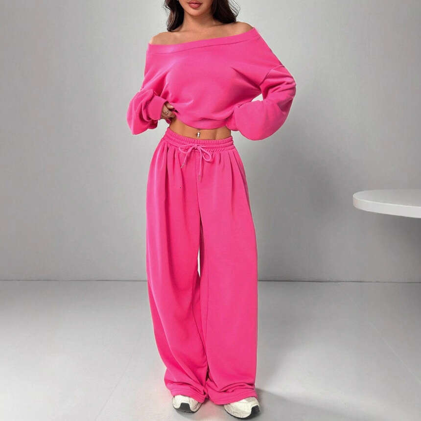 2025 European and American Cross-Border Casual Solid Color Sweatshirt Women Off-Shoulder Loose Knitted Short Long Sleeve Set