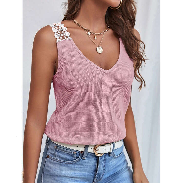 2026 European and American New Women's Solid Color Casual Lace Waffle Patchwork Tank Top T-Shirt