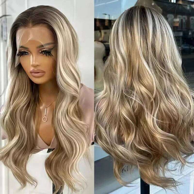 28 Inch Long Body Wave Synthetic Wig Mixed Brown and Platinum Blonde Color Ombre Lace Front Wigs for Women Blend European Hair