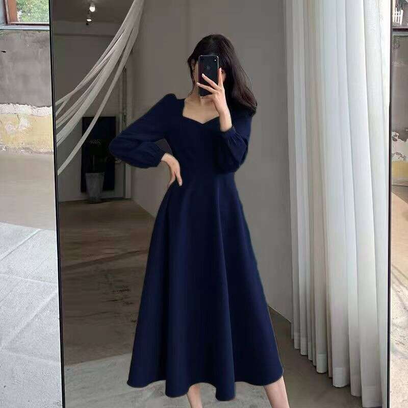 Hepburn Style Little for Women 2025 Spring and Autumn New Vintage V-Neck Long Over-the-Knee Black Elegant Dress