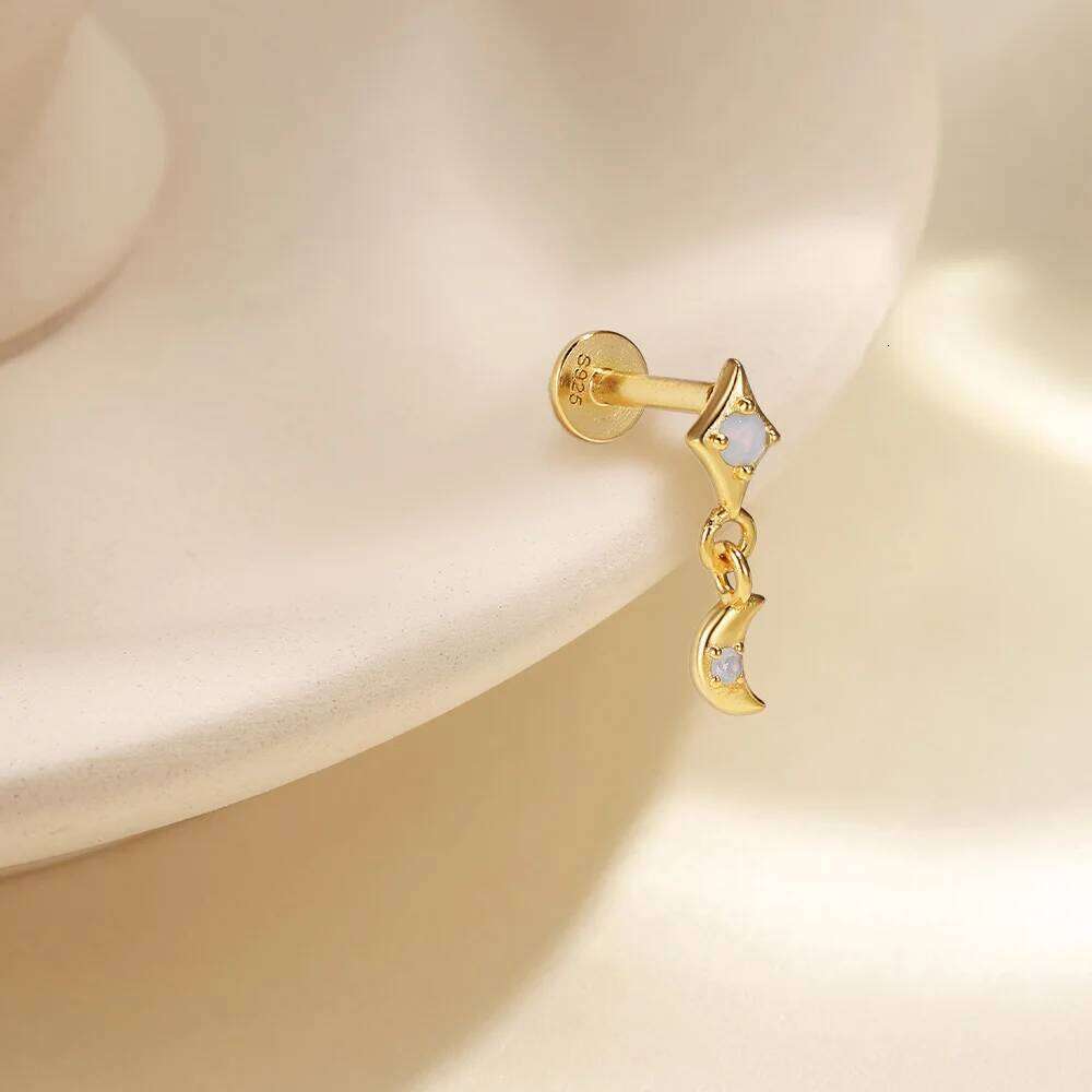 Aide Opal Stars Moon Stud Earrings For Women 925 Sterling Silver 18K Gold Flat Head Threaded Puncture Ear Bone Ins Fine Jewelry