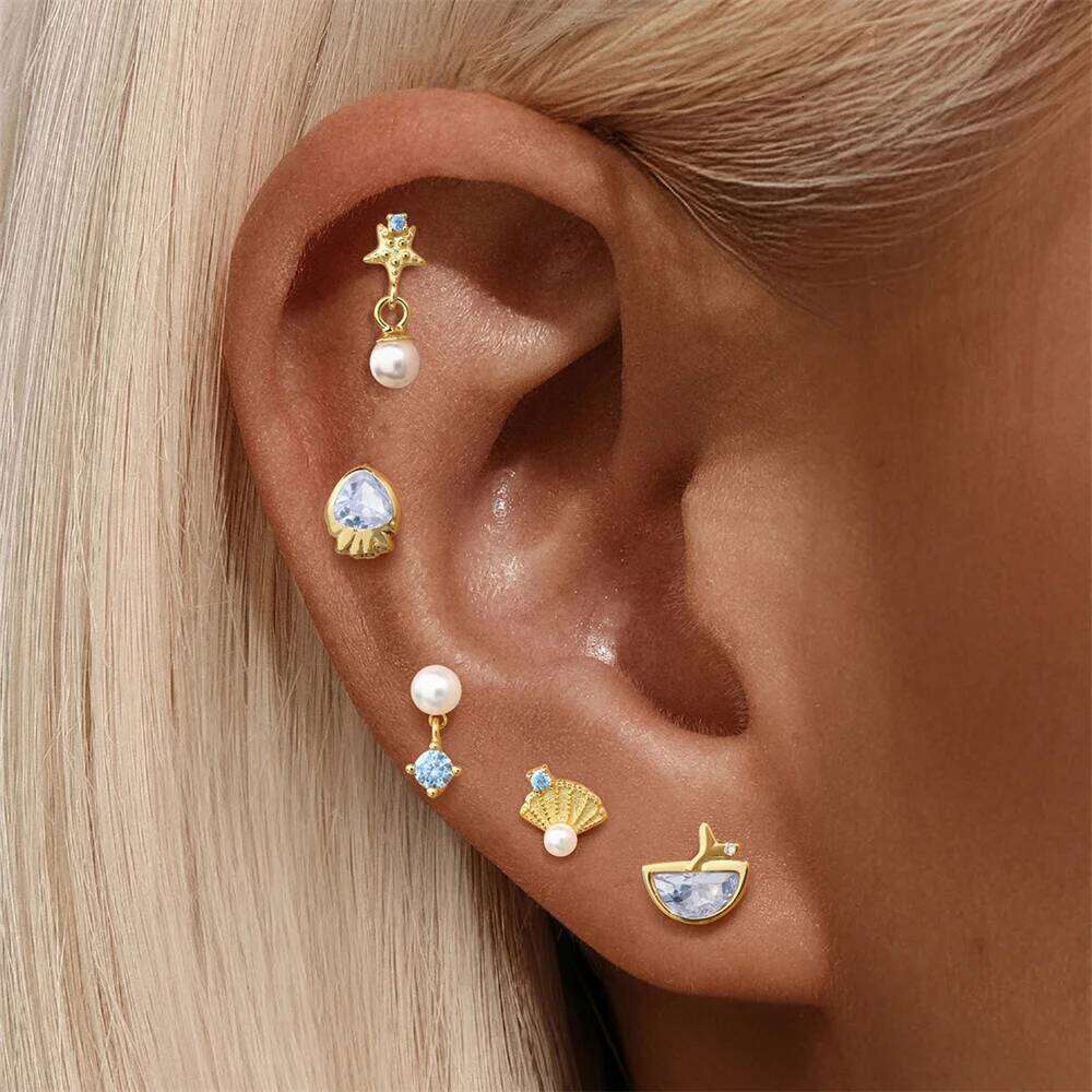 Aide 3pcs 925 Silver Ocean Shells Starfish Pearl Elements Stud Earrings Cute And Unique Party Favors Earring Set Fine Jewelry