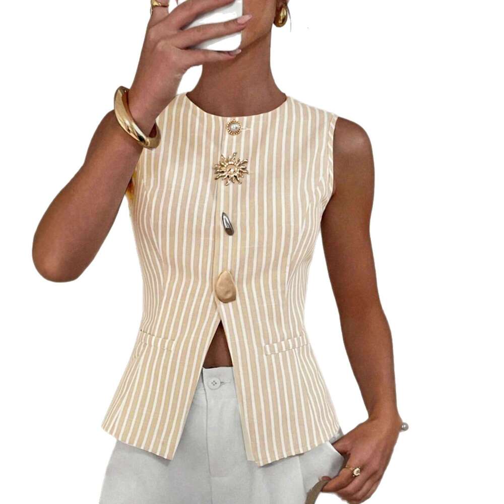 2026 New Women's Fashion European and American Single-Breasted Coat Elegant Striped Round Neck Button Vest Top