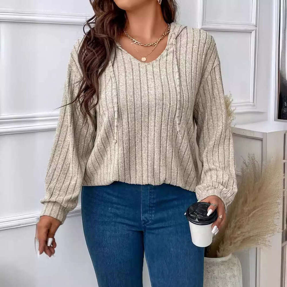 2026 Autumn Winter New Solid Color Plus Size Women's Top V-Neck Hooded Long Sleeve Ribbed Brushed T-Shirt Loose Fit