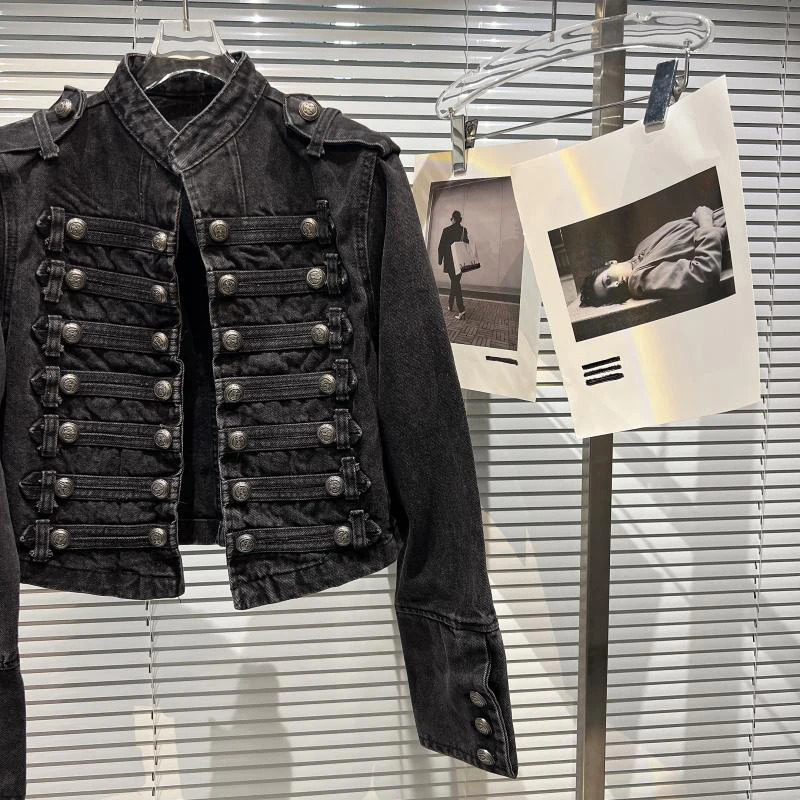 Punk Style Black Stand Up Collar Denim Jackets Vintage Washed Motor Coat For Women Autumn Loose Long Sleeve Outerwear 251229