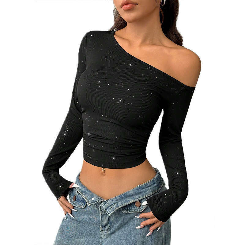 Cross-Border European and American Hot Girl Rhinestone Off-Shoulder Long Sleeve T-Shirt for Women 2026 Spring Export Ins Slim Fit Knitted Base Shirt