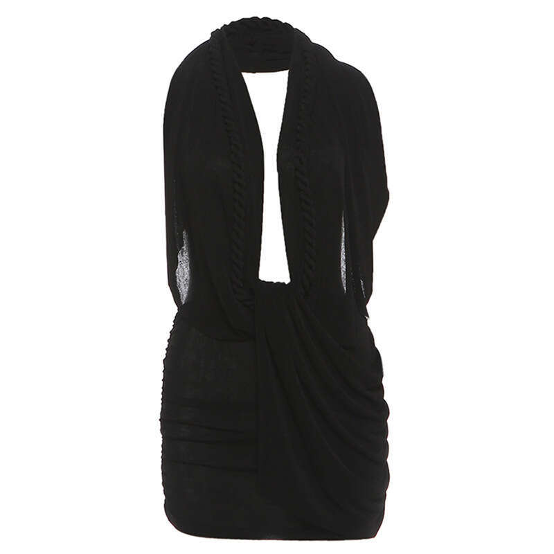 Cross-Border European and American Style 2026 Autumn Winter New Women's Sexy Deep V Neck Halter Backless Hip Short Solid Color Dress