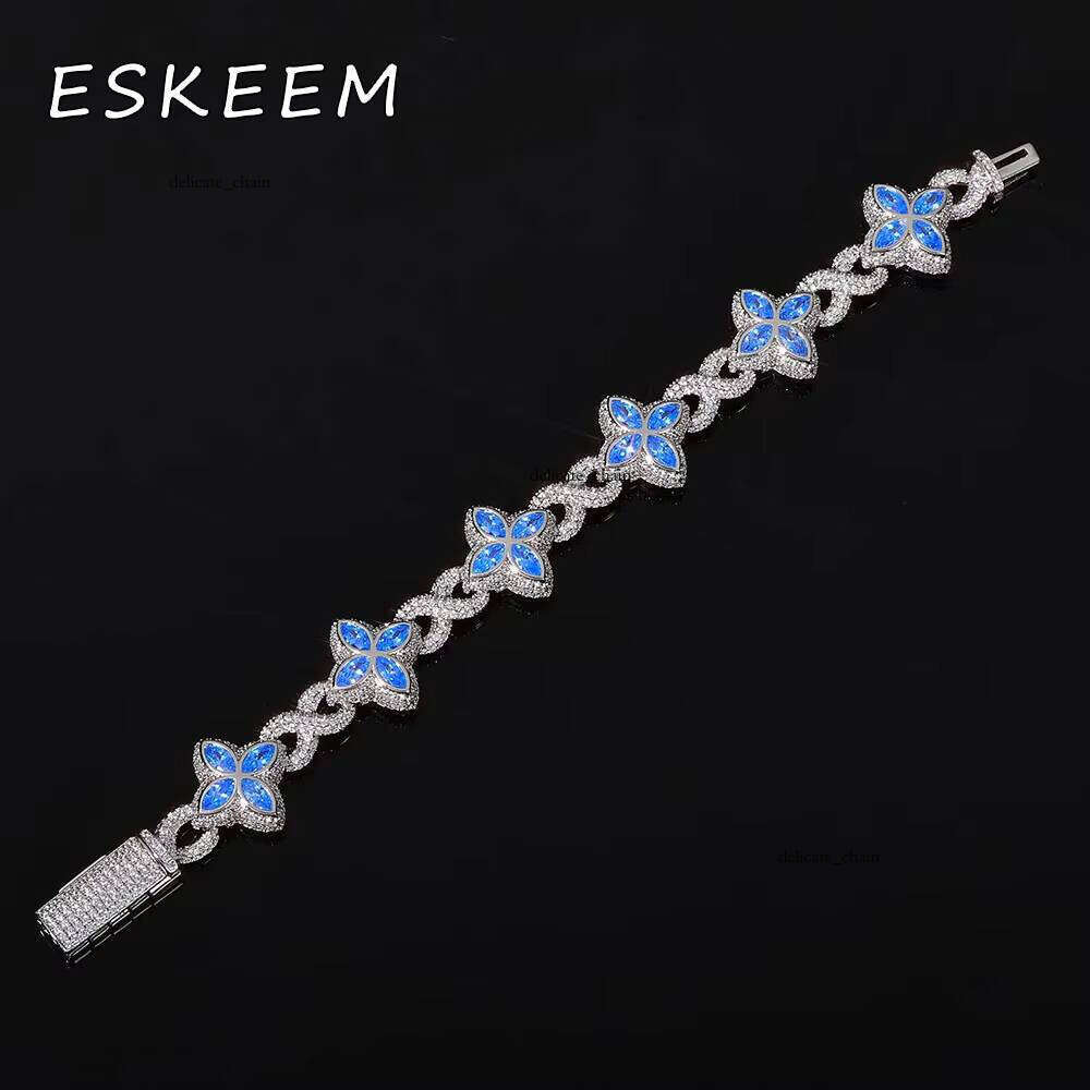 Eskeem Infinite Miami Cuban Chain Bracelet Blue Four Leaf Clover Iced VVS Moissanite Hip Hop Fine Jewelry