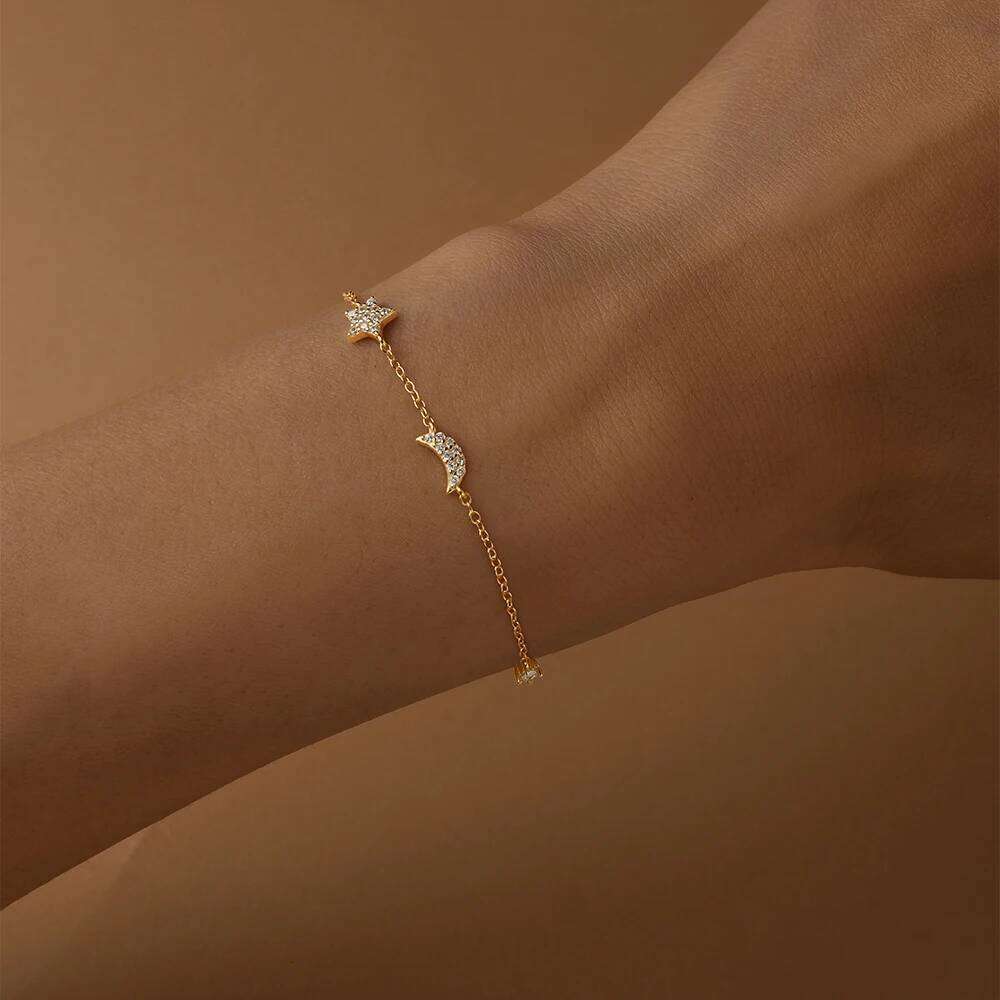 Aide 925 Sterling Silver Star Moon Pendant Girl Trendy Elegant Shiny Zirconia Adjustable Chain Bracelet Women Jewelry