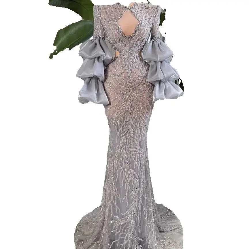 Unique Long Sleeve Prom Dresses Fashion Sequined Lace Crystal Customized Evening Dress Floor Length Party Gowns