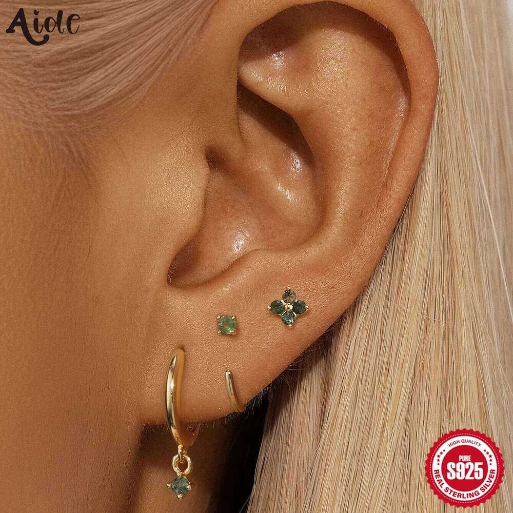 Aide 925 Sterling Silver 3PCS Natural Round Moss Agate Earrings Set For Women 18K Gold Ins Minimalist DIY Earring Fine Jewelry