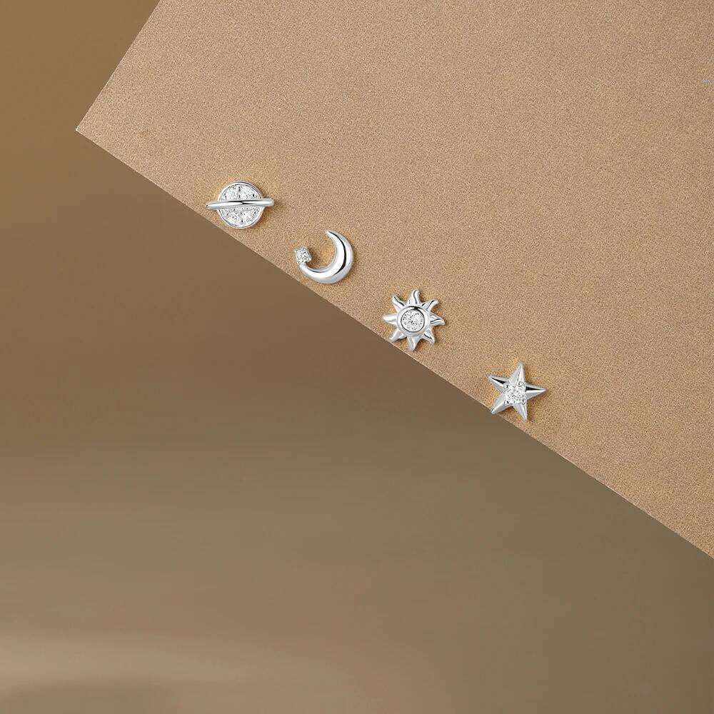 Aide 925 Sterling Silver Earring Set Planet/Star/Moon/Zircon 4Pieces Earrings For Women Piercing Wedding Party Fine Jewelry