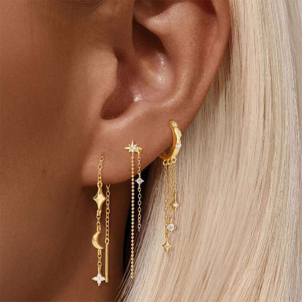 Aide 925 Sterling Silver Single 1pc Long Chain Tassel Stud for Women Shining Zircon Dangle Earring Wedding Gifts Brincos