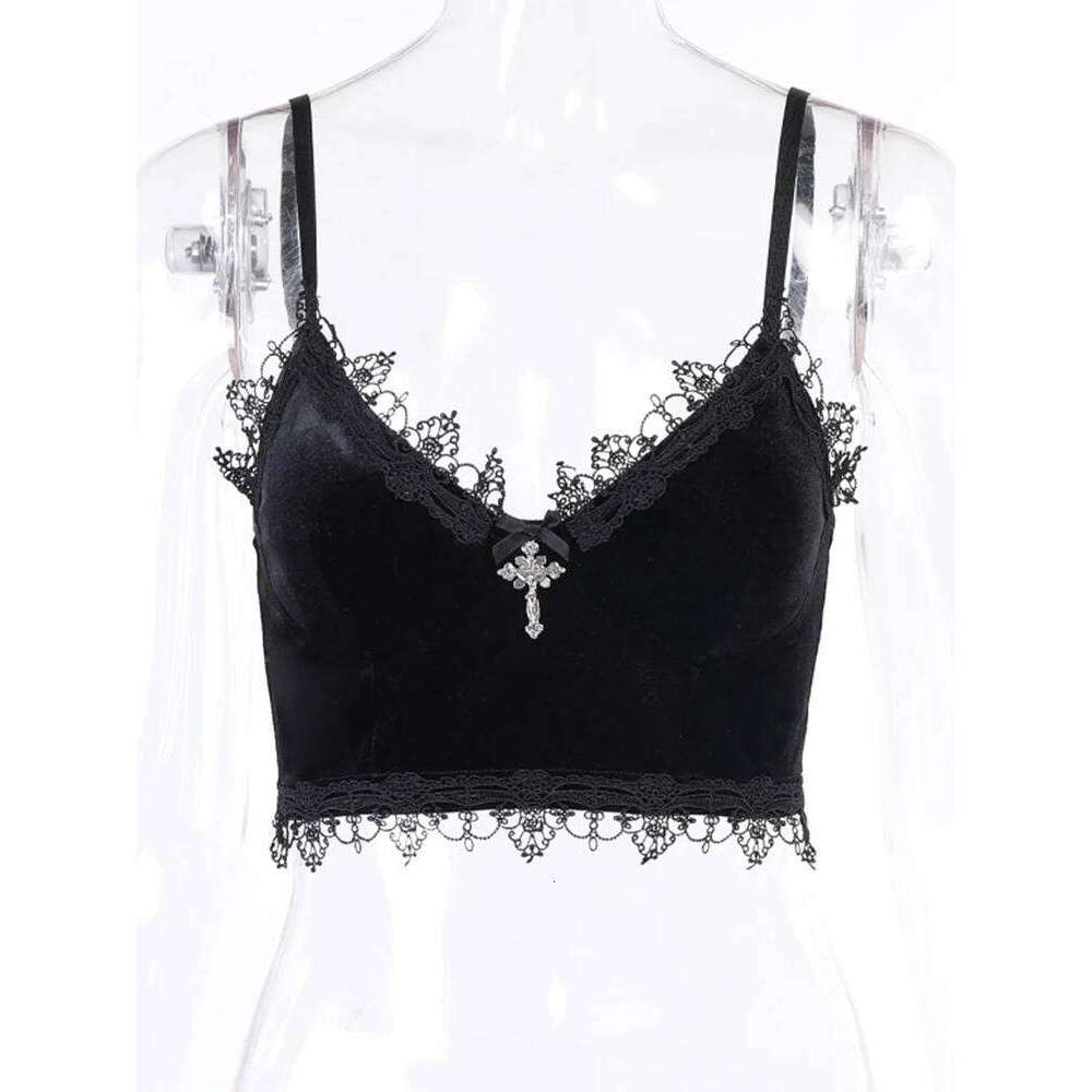 Velvet Y2K Mall Goth Black Lace Trim Emo Alternative Aesthetic Crop Tops Women Backless Sexy Strap Tanks