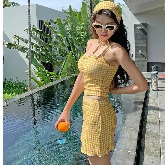 ThreePiece Swimsuit Slimming CoverUp Holiday Beauty Checkered Pattern Conservative Korean Style Bikini Set 251231