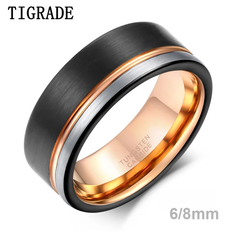 TIGRADE Men Tungsten Ring Black Rose Gold Color Brushed 6/8mm Wedding Band Engagement Rings Mens Party Trendy Bague Homme 251230