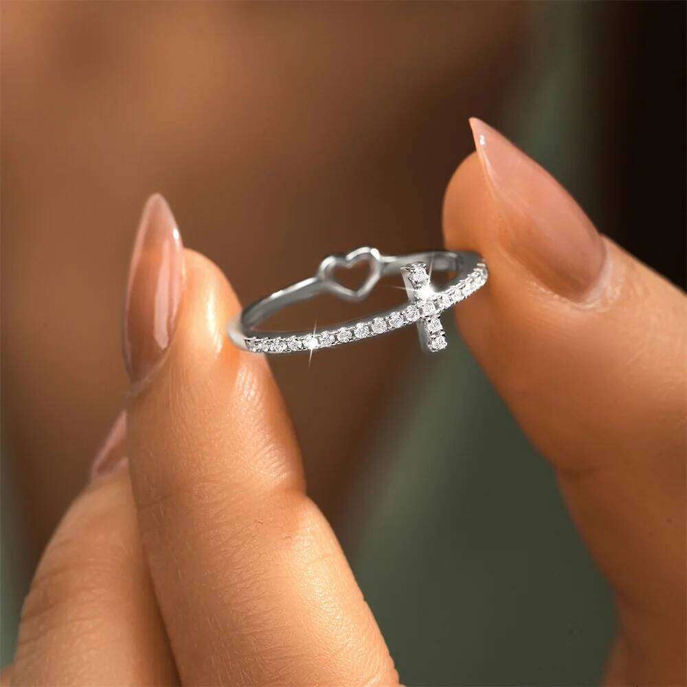 Aide 925 Sterling Silver Heart With Cross Inlaid Zircon Size Ring For Women 18k Gold Plated Jewelry Engagement Wedding Party