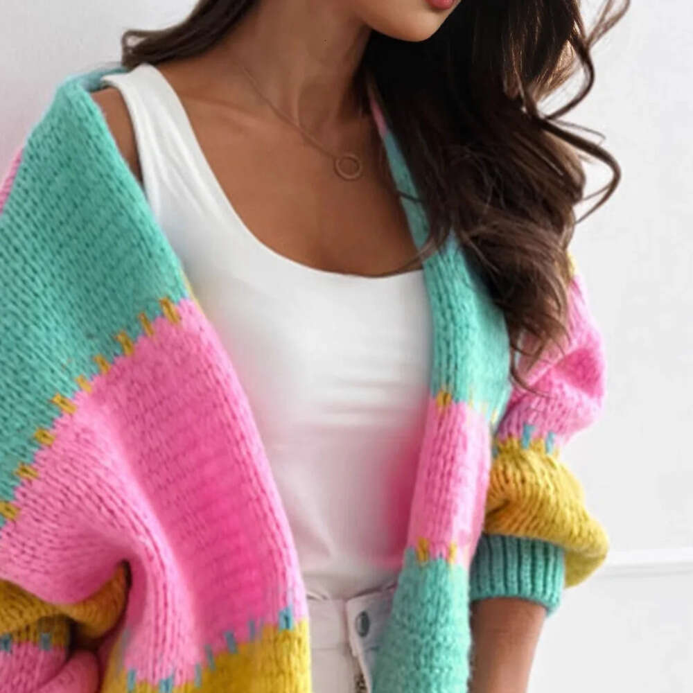 Fashionable Color Block Knitted Open 2026 Designer Fashion Cardigan Loose Casual V Neck Shoulder Drop Sleeve Women's Sweater Autumn Winter New Ar