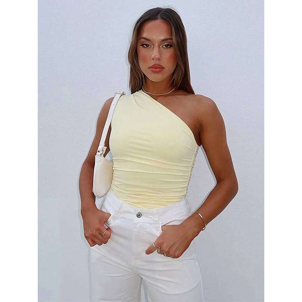Solid One Shoulder Backless Shrink Tank T-Shirt Candy Color Tight Sexy Sleeveless Neckless Slim Casaul Top