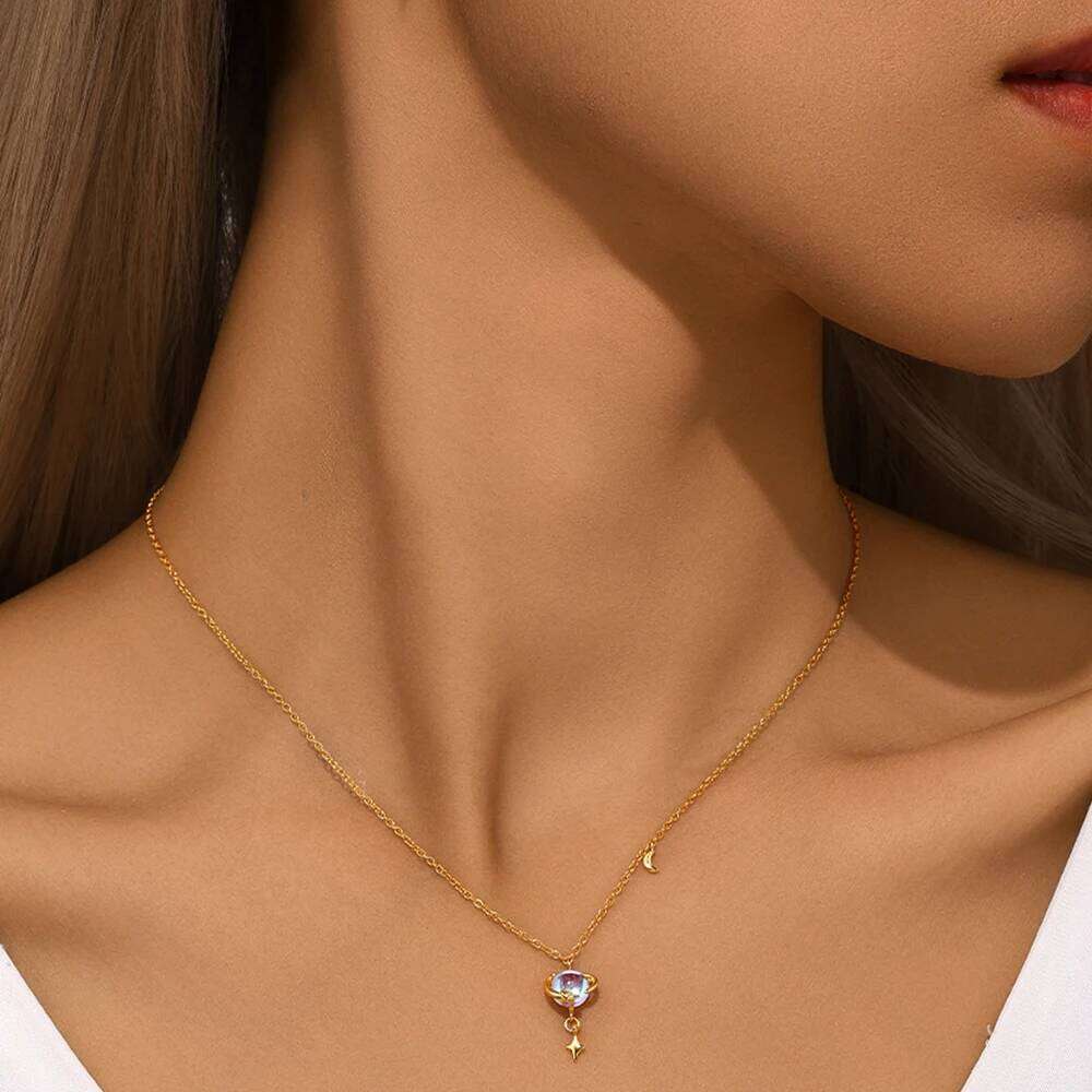 Aide 925 Sterling Silver Blue Opal Star Moon Elements Pendant Necklace Adjust Chain Necklaces for Women Birthday Gift Jewelry