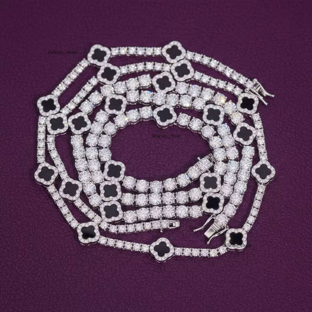 VVS Moissanite GRA 925 Sterling Silver 3mm 5mm Black Onyx Clover Tennis Chain Necklace Bracelet Fine Silicon Stone Jewelry