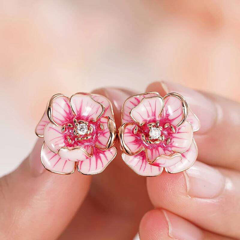 Huitan Sweet Pink Flower Stud for Women Handmade Enamel Rose Gold Color Aesthetic Female Ear Earrings Statement Jewelry