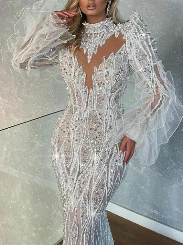 Fashion High Neck Beaded Mermaid Wedding Dress Sexy Long Sleeve Sequins Bridal Gown Floor Length Ruffle Bride Dresses Customized