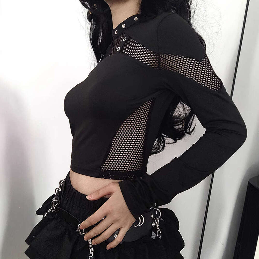 Spring and Autumn Dark Style Punk Fashion Slim Hollow Long Sleeve Top Grid Patchwork Solid Color T-Shirt Y2K Women's Clothing