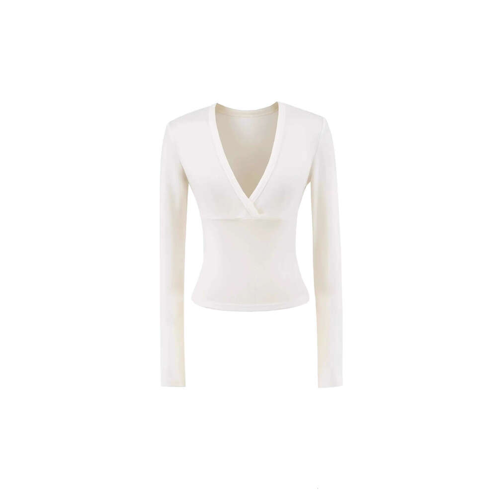 American Style Spicy Girl Subtle Deep V-Neck Waist-Cinching Long Sleeve T-Shirt for Women Autumn Stretchy Slim Fit Base Layer Slimming Inner Top