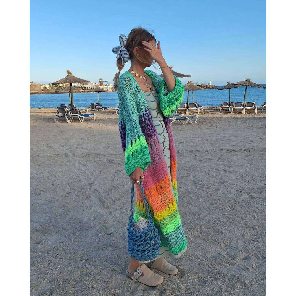 Boho Colorful 2026 Designer Fashion Luxuriously Handknit Bell Sleeve Crochet Loose Kimono Cardigan Women Fall Winter Coat Beach Coverup Dress K12
