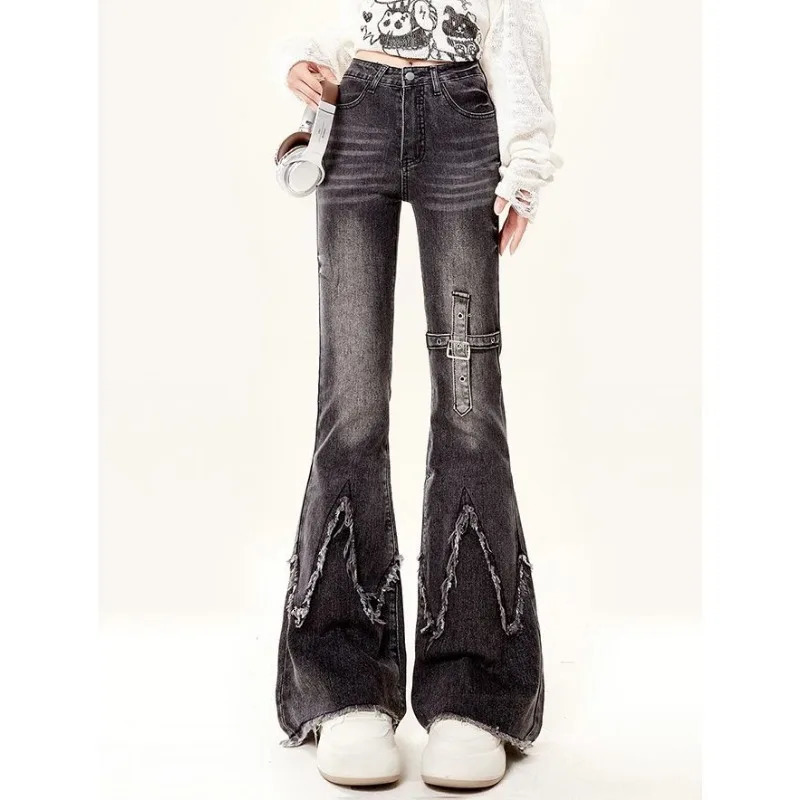 Black Washed Vintage American Street Spice Girls Y2k Long Pants Women Trendy Versatile Slim Fit High Waisted Flared Jeans 251231