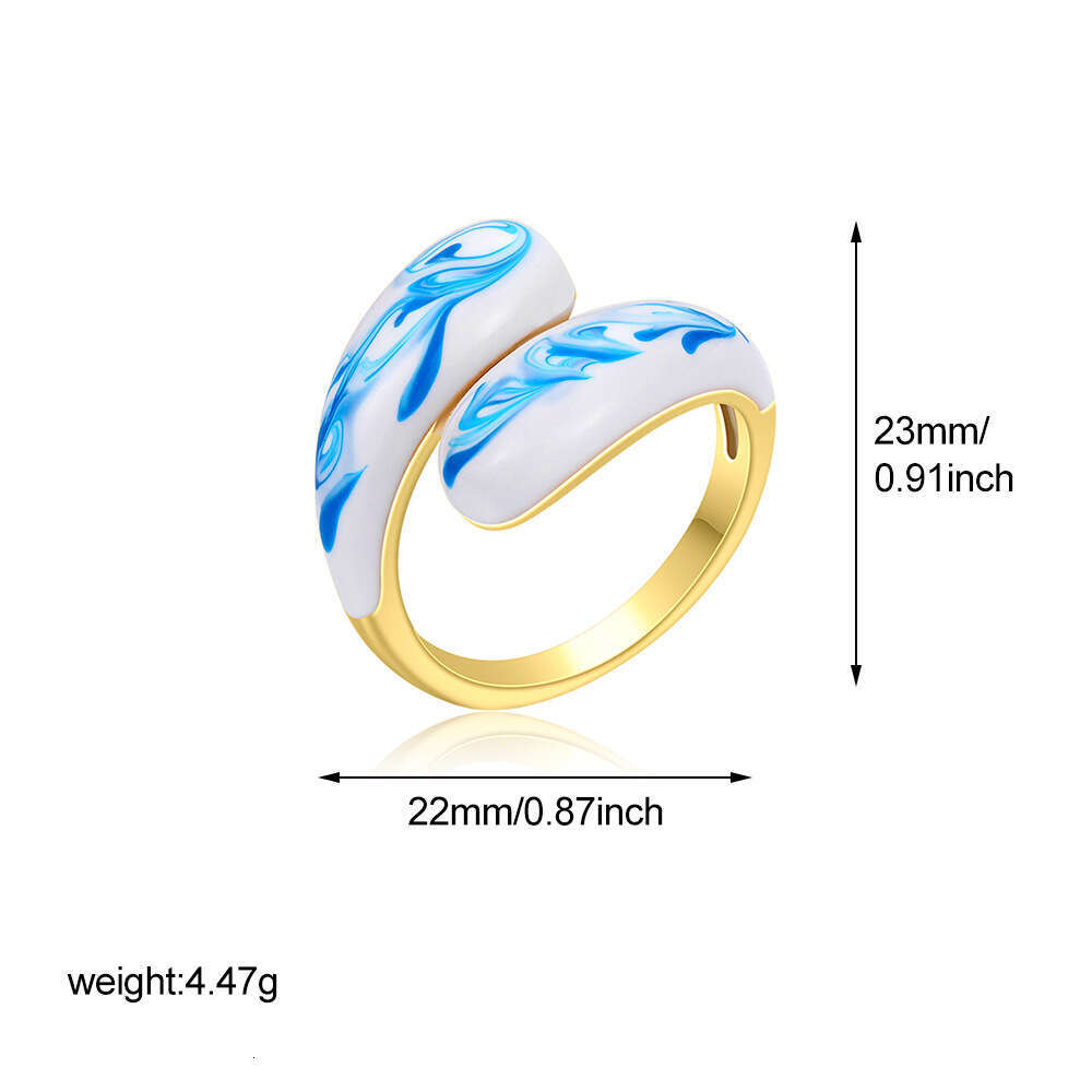 Fashion Porcelain Ring Vintage Enamel Painting Oil Blue and White Pattern Rings for Women New Chinese Style Open Fashion Irregular Ring Hand Accessori