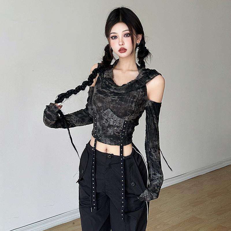 Pure Desire Y2K Hot Girl Design Off-Shoulder Slimming Hooded Long Sleeve T-Shirt for Women Autumn Winter Elegant Versatile Black Top