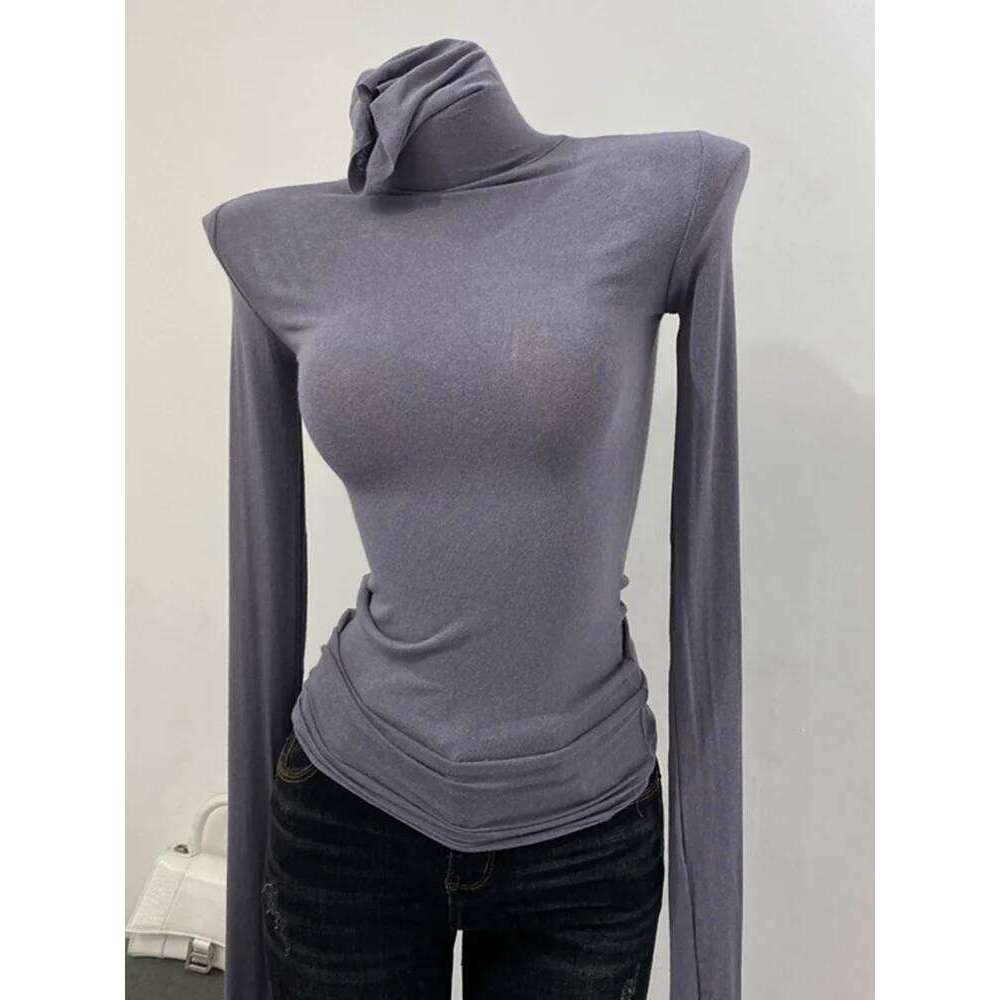 Thin Soft American Long Sleeve T-shirt High Stacked Neck Tight Perspective Bottom Shirt Women's Slim Fit Tops Sexy Streetwear
