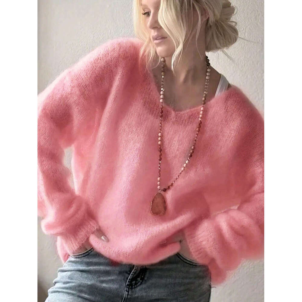European and American Soft V-Neck Long Sleeve Sweater for Women 2026 Autumn Winter Pullover Solid Color Lazy Style Loose Knitted Top