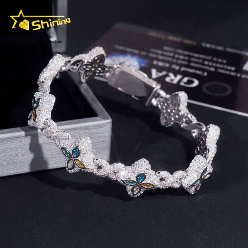 Custom Luxury Iced Out Hip Hop VVS Moissanite Diamond 925 Silver Cuban Chain Trendy Colorful Flower Clover Bracelet
