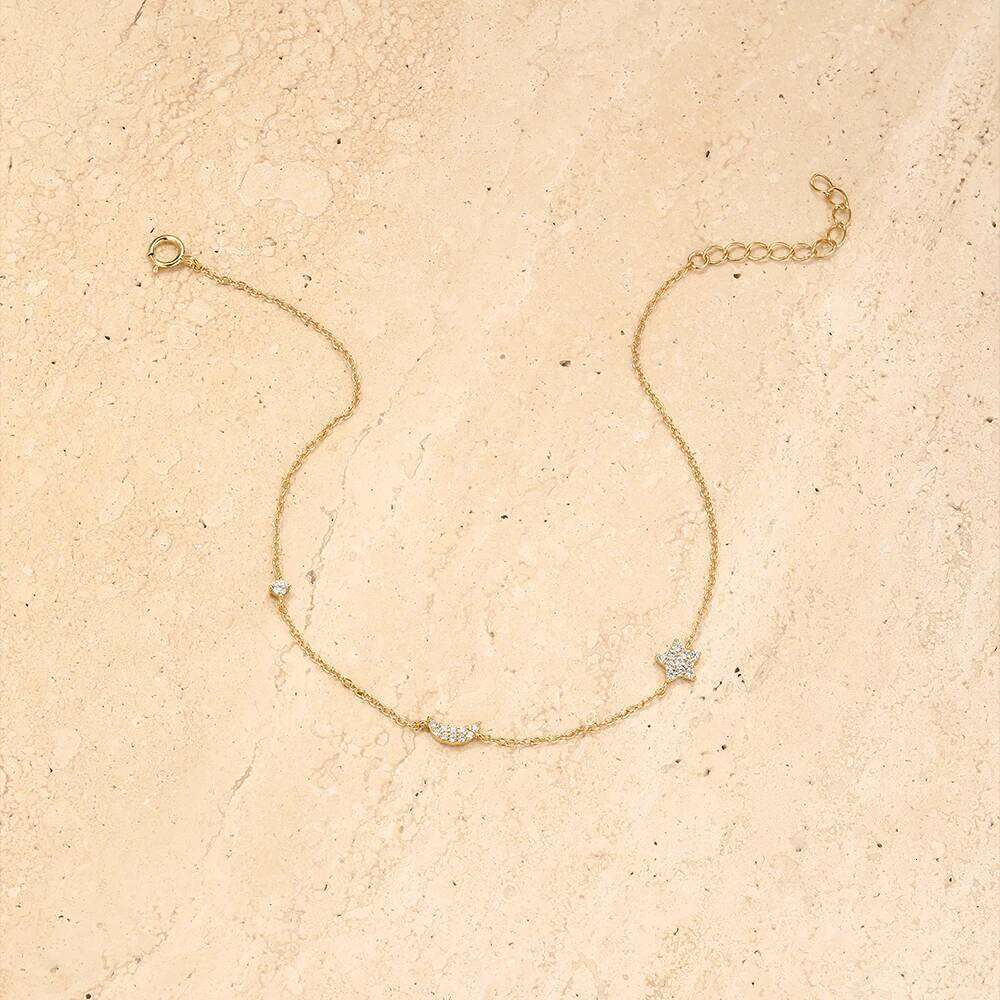 Aide 925 Sterling Silver Star Moon Pendant Girl Trendy Elegant Shiny Zirconia Adjustable Chain Bracelet Women Jewelry