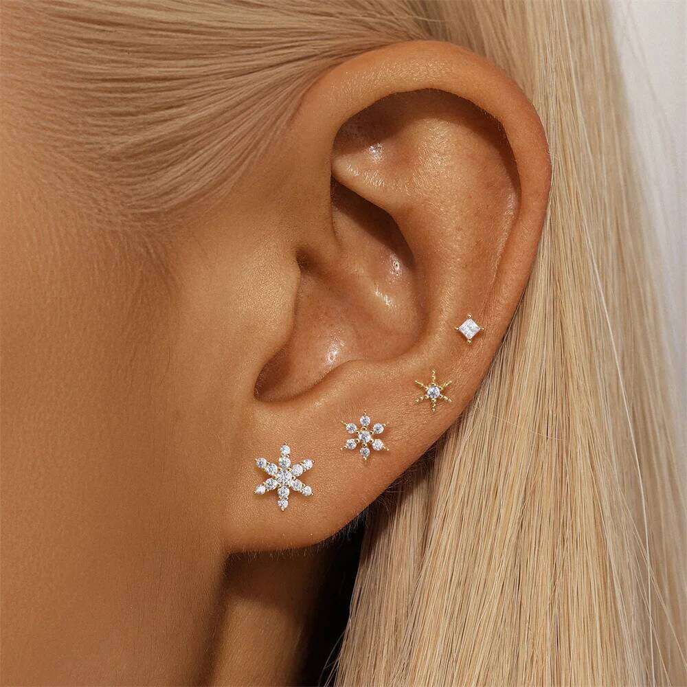 Aide 925 Sterling Silver 4PCS Zircon Star Ear Stud Earrings Set For Women 18K Gold Color Cartilage Earring Piercing Fine Jewelry
