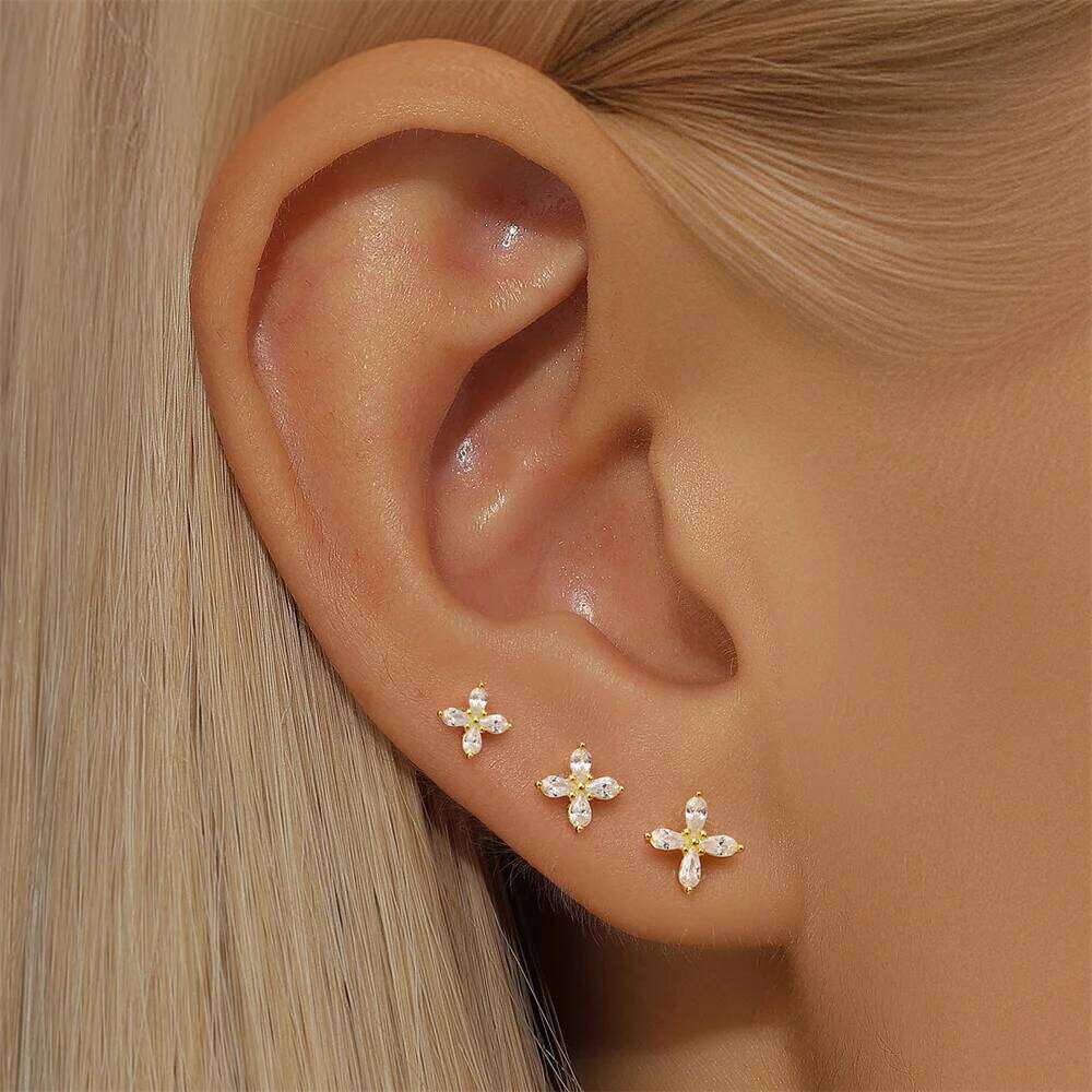 Aide Shiny Wedding Stud Earrings Set for Women 925 Silver Crystal Clear Flower Zircon Studs Accessories Earring Jewelry
